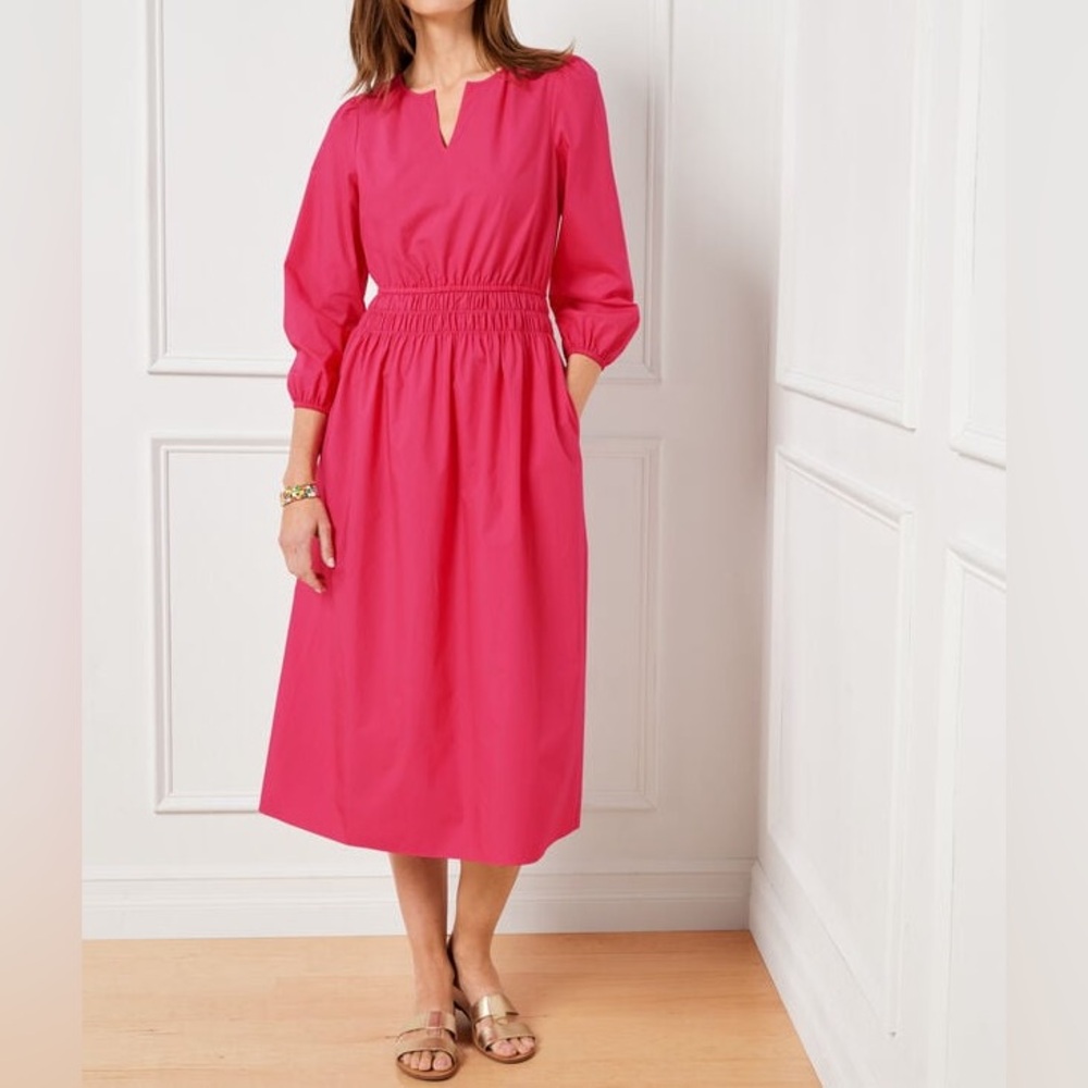 New Talbots Smocked Poplin Midi Dress-Size 16W-Pink